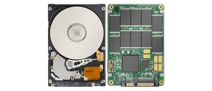 Image of the inside of a hard disk drive, compared to a solid state drive - AnyPcFixed Ltd - Laptop Repair, Service & Upgrade in Leicester